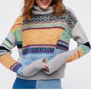 Free People Grey This & That Patchwork Turtleneck Wool Mohair Sweater Medium